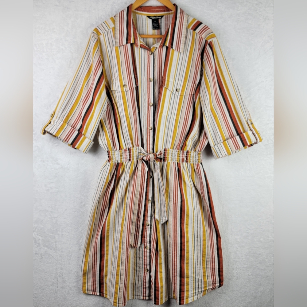 Millenium Dress Size 2X Midi Elastic Tie Waist Button Up Multicolor Striped